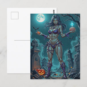 Halloween Treat or Zombie Girlfriend w Brains Postcard