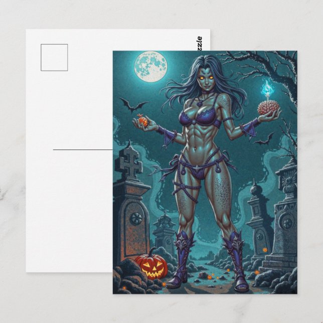 Halloween Treat or Zombie Girlfriend w Brains Postcard (Front/Back)