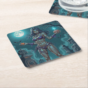 Halloween Treat or Zombie Girlfriend w Brains Square Paper Coaster