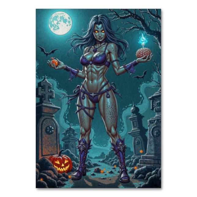 Halloween Treat or Zombie Girlfriend w Brains Table Number (Front)