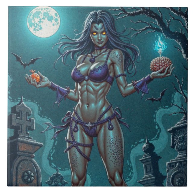 Halloween Treat or Zombie Girlfriend w Brains Tile (Front)