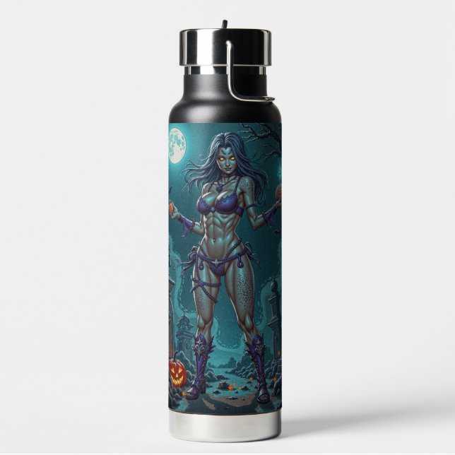 Halloween Treat or Zombie Girlfriend w Brains Water Bottle (Left)