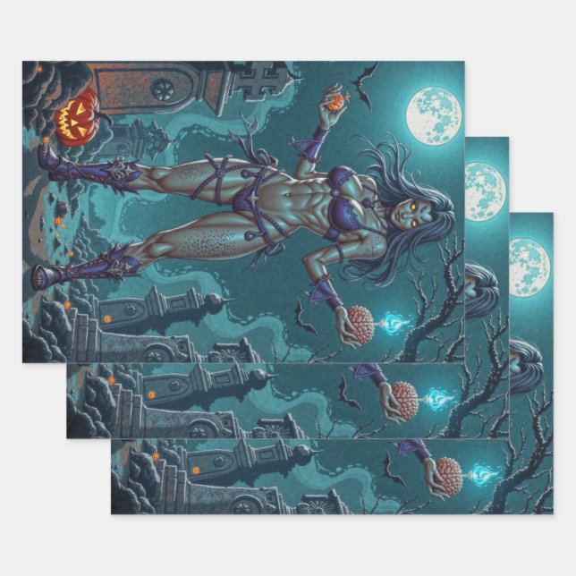 Halloween Treat or Zombie Girlfriend w Brains Wrapping Paper Sheet (Set)
