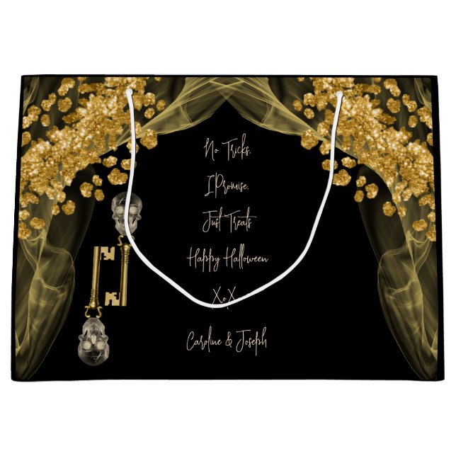 Halloween Treats Glitter & Gold Spooky Skulls Large Gift Bag (Front)