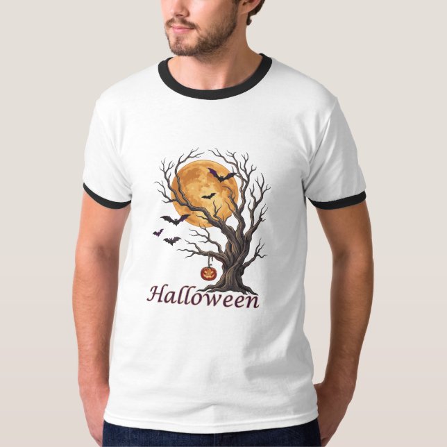 Halloween Tree and Pumpkin Jack-o'-Lantern T-Shirt (Front)
