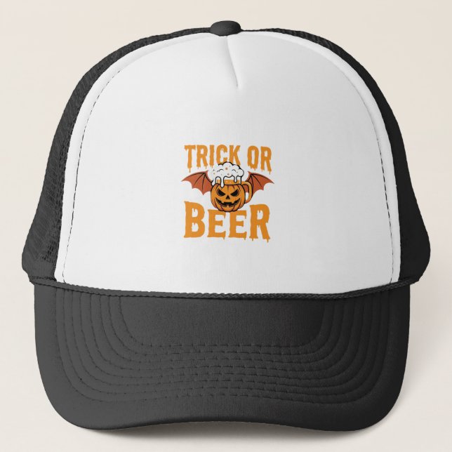 Halloween Trick or Beer Pumpkin Bat Graphic Trucker Hat (Front)