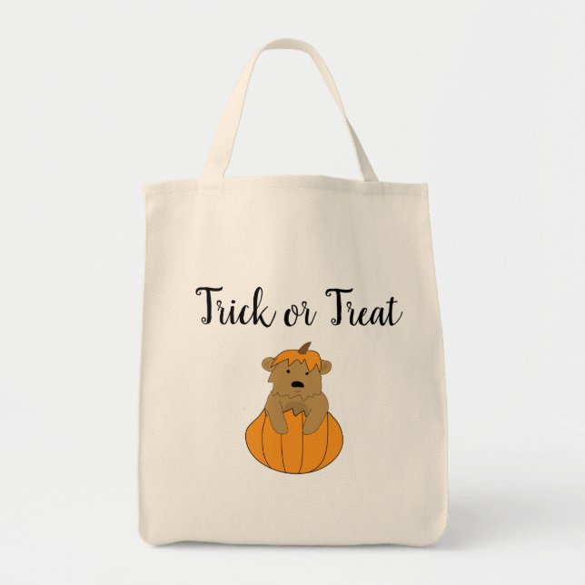 Halloween Trick or Treat Bear in Pumpkin Tote Bag (Front)