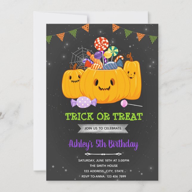 Halloween trick or treat birthday invitation (Front)
