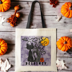 Halloween Trick or Treat Black Cat Bat Name Purple Tote Bag