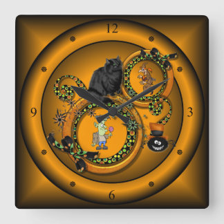 Halloween ~ Trick Or Treat ~ Black Cat ~ Witch ~ Square Wall Clock