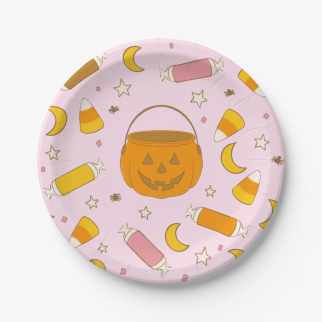 Halloween Trick or Treat Candy (Pink)  Paper Plate (Front)