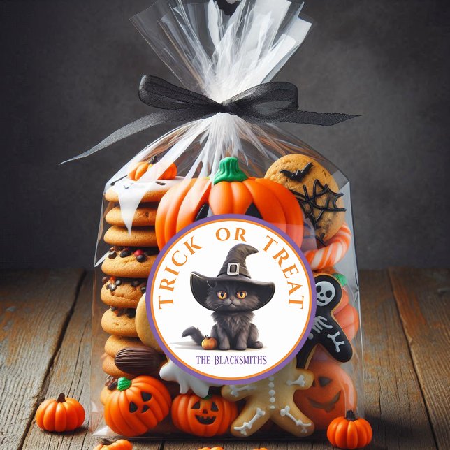  Halloween Trick or Treat Cute Black Cat Witch Hat Classic Round Sticker (HALLOWEEN STICKERS)