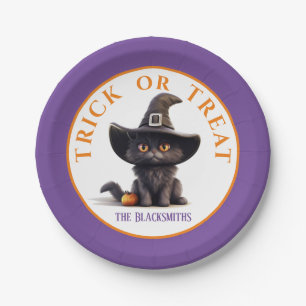 Halloween Trick or Treat Cute Black Cat Witch Hat Paper Plate