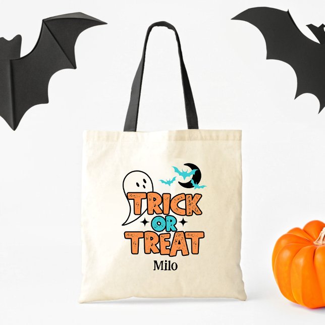Halloween Trick or Treat Ghost Tote Kids Candy Bag (Tote bag says: Trick or Treat with ghost, moon and ghosts. Orange, blue and black colors.)