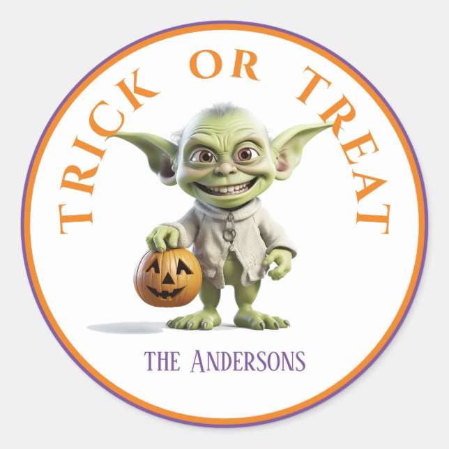 Halloween Trick or Treat Green Pointed Ear Gremlin Classic Round Sticker (Front)