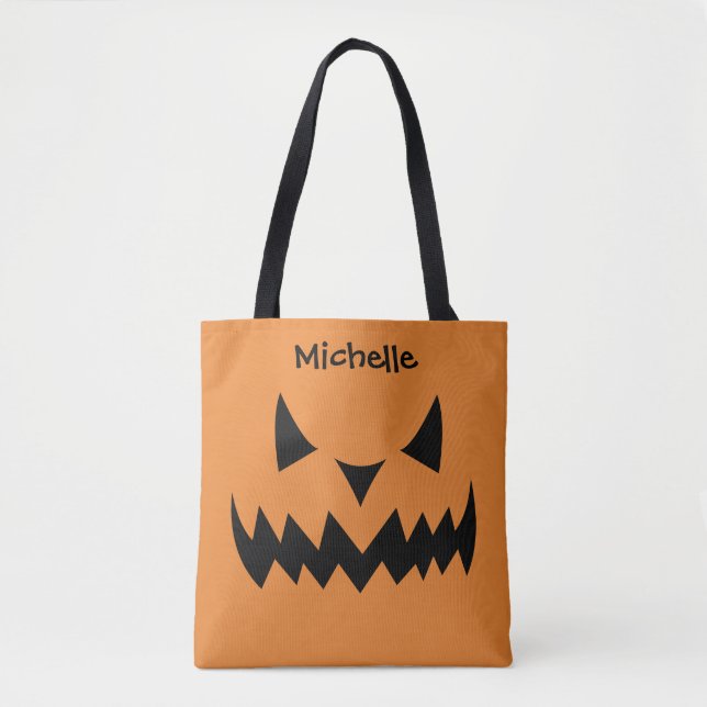 Halloween Trick or Treat Jack O' Lantern Bats Name Tote Bag (Front)