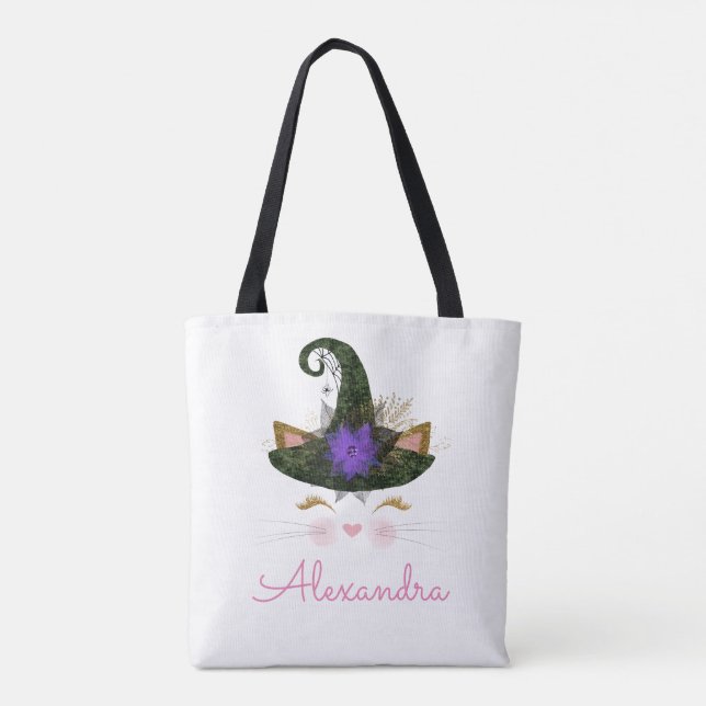 Halloween Trick or Treat Kitty Witch Monogram Tote Bag (Back)