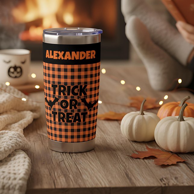 Halloween Trick or Treat Orange & Black Plaid Name Insulated Tumbler (Creator Uploaded)