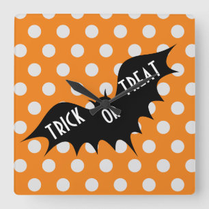 Halloween trick or treat orange polka dots square wall clock
