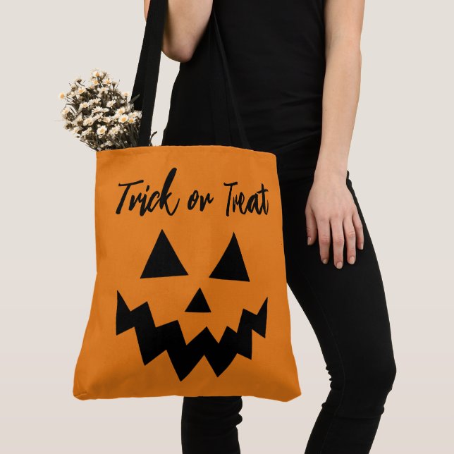 Halloween Trick or Treat Orange Pumpkin Face Tote Bag (Close Up)