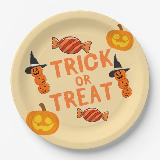 Halloween "Trick or Treat" Paper Plates with Pumpk (Front)
