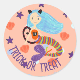 Halloween Trick or Treat Pastel Mermaid Cat Classic Round Sticker