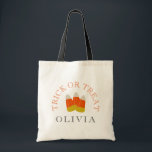 Halloween Trick or Treat Personalised Candy Corn Tote Bag<br><div class="desc">Cute, personalised trick or treat Halloween tote bag reads 'Trick or Treat' in curved, orange classic style letters over the traditional Halloween treat, candy corn. Bottom has personalised kid's name in matching style, black lettering. Fun trick or treat bags for kids. With black handle, which may be changed to several...</div>