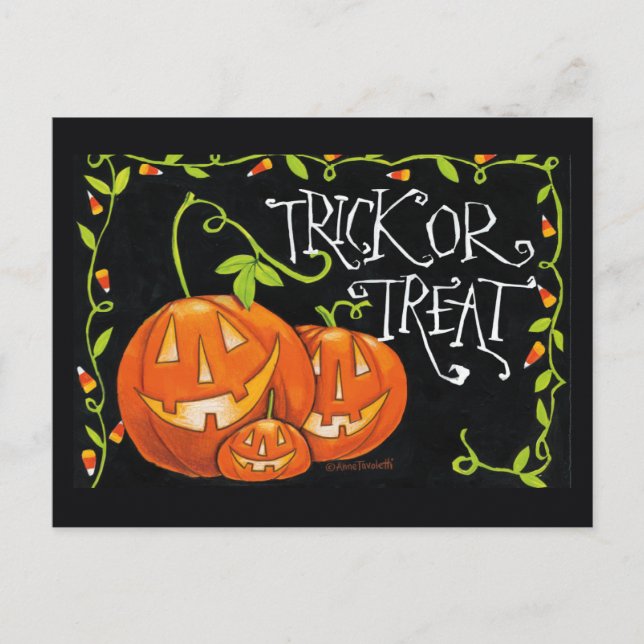 Halloween Trick or Treat Pumpkin and Candy Corn Postcard (Front)