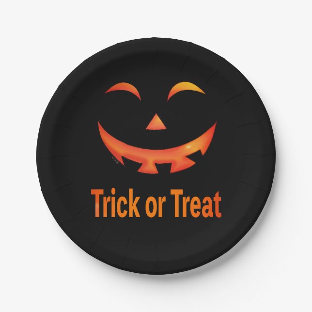 Halloween Trick or Treat Pumpkin Face Paper Plate (Front)
