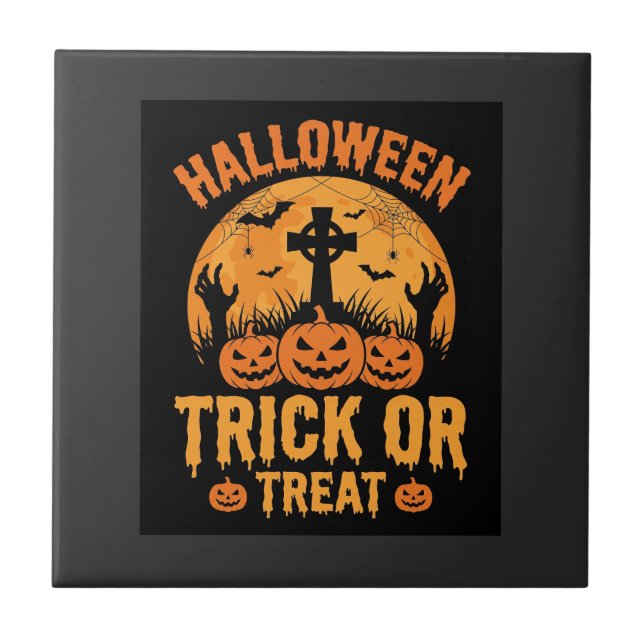 Halloween Trick or Treat Pumpkin Graveyard Design Tile (Front)