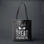 Halloween Trick Or Treat Simple Scary Ghost Eyes Tote Bag<br><div class="desc">A typography-inspired design with a spooky ghoul eye. Script font along with block and fun typography. A simple black and white design with geometric lines and squares. Personalise or customise this bag for yourself or for your favourite witch, ghost or goblin. This design features a Halloween trick or treats bag,...</div>