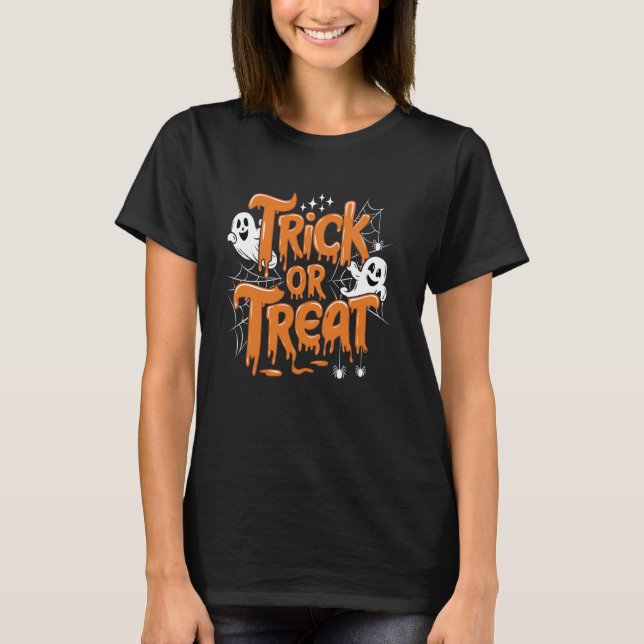 Halloween Trick or Treat Spooky Ghost, Cobweb & Sp T-Shirt (Front)