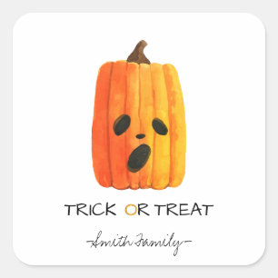 Halloween Trick or Treat Watercolor Pumpkin Kids' Square Sticker