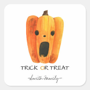 Halloween Trick or Treat Watercolor Pumpkin Kids' Square Sticker