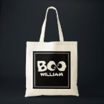 Halloween Trick Or Treat Whimsical Cute Ghost Tote Bag<br><div class="desc">Goofy-eyed BOO for your Halloween. A simple design with goofy cross-eyed ghoul eyes saying BOO! Trick or treat fun will be had by all with this whimsical design. Happy Halloween fun with a black background and a simple white border, Personalise for yourself or your favourite ghosts and goblins. Happy Halloween...</div>