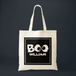 Halloween Trick Or Treat Whimsical Cute Ghost Tote Bag<br><div class="desc">Goofy-eyed BOO for your Halloween. A simple design with goofy cross-eyed ghoul eyes saying BOO! Trick or treat fun will be had by all with this whimsical design. Happy Halloween fun with a black background and a simple white border, Personalise for yourself or your favourite ghosts and goblins. Happy Halloween...</div>