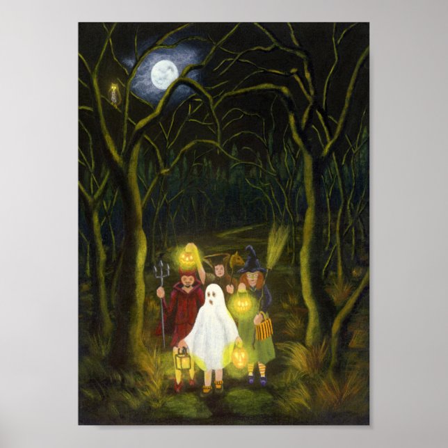 Halloween trick or treaters  in the forest poster (Front)