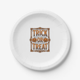 Halloween Trick Treat Pumpkin Skulls Vintage Engra Paper Plate