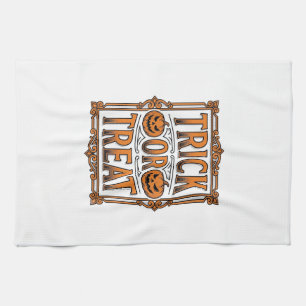 Halloween Trick Treat Pumpkin Skulls Vintage Engra Tea Towel