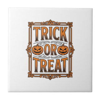 Halloween Trick Treat Pumpkin Skulls Vintage Engra Tile