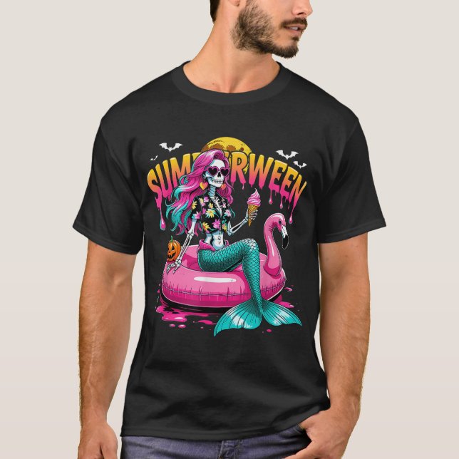 Halloween Tropical Summerween Mermaid Skeleton  T-Shirt (Front)