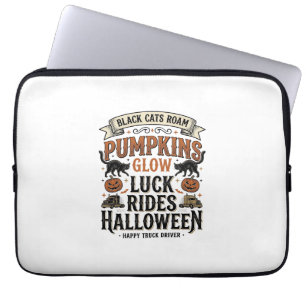 Halloween Truck Driver Shirt with Black Cats and P Laptop Sleeve