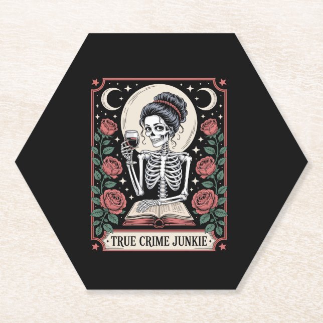 Halloween True Crime Junkie Tarot Card Paper Coaster (Front)
