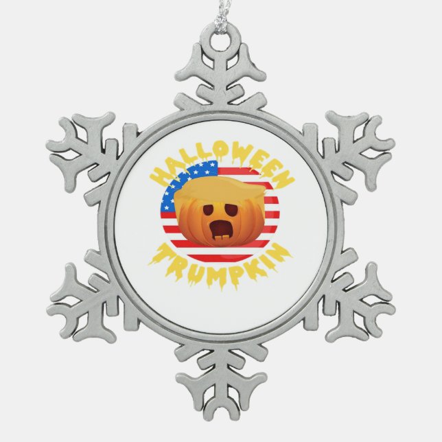 Halloween Trumpkin Funny Pumpkin  Parody Snowflake Pewter Christmas Ornament (Front)
