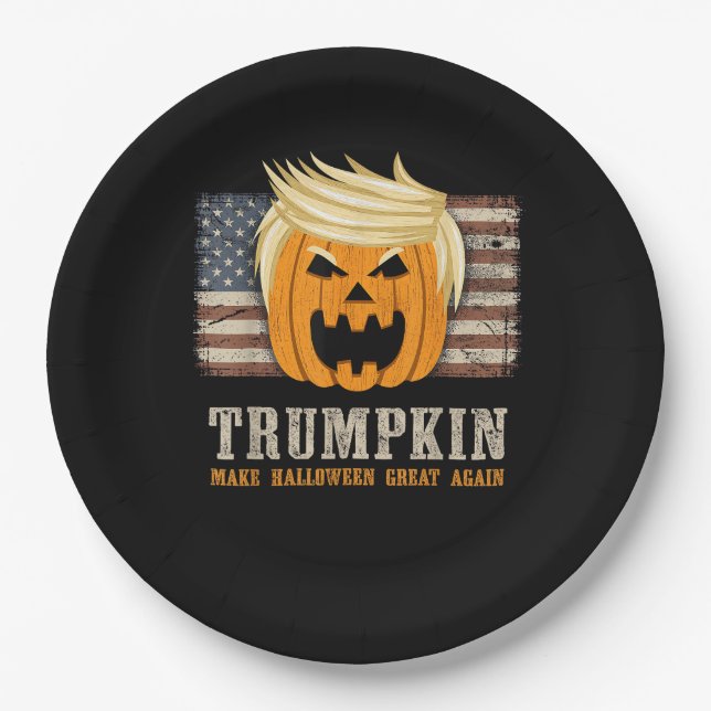Halloween Trumpkin Vintage Us Flag Funny Paper Plate (Front)