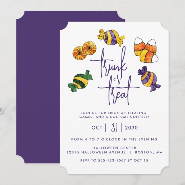 Halloween Trunk or Treat Purple Candy Invitation (Front/Back)