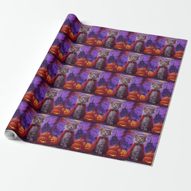 Halloween Turkish Angora Cat Vampire Pumpkin Scary Wrapping Paper (Unrolled)