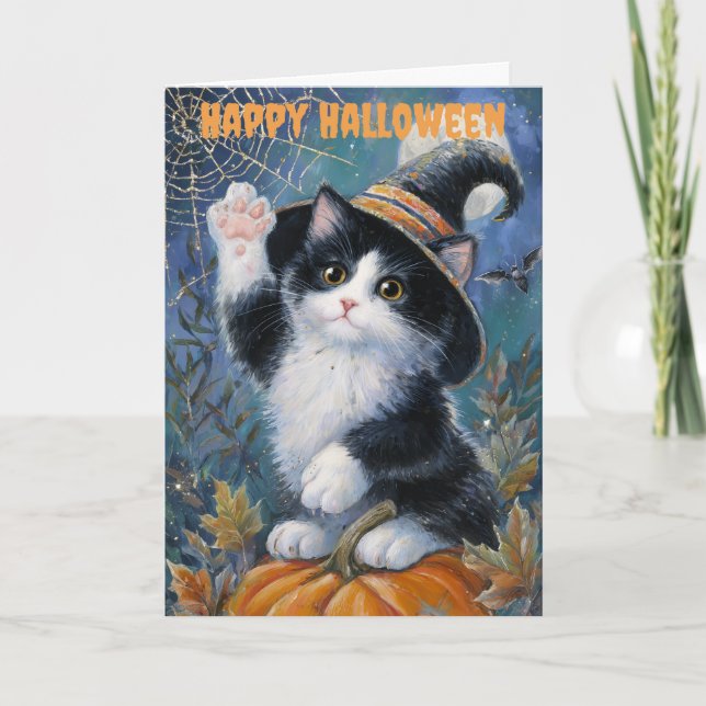 Halloween Tuxedo Cat Holiday Card (Front)