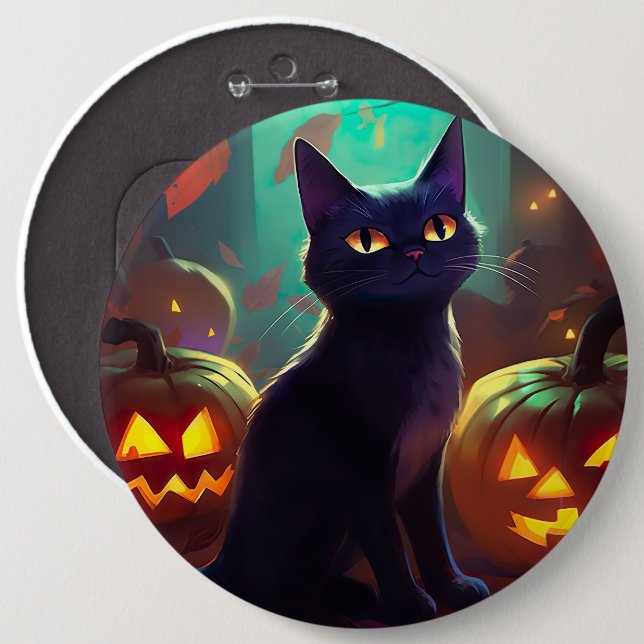 Halloween Tuxedo Cat With Pumpkins Scary 6 Cm Round Badge (Front & Back)