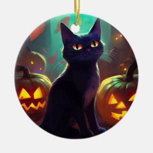 Halloween Tuxedo Cat With Pumpkins Scary Ceramic Tree Decoration
